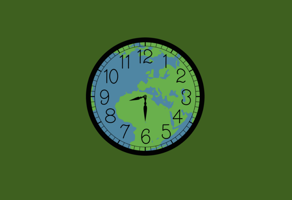 Analogue clock with Earth's continents as the clock face, showing the time as 8:30, on green background.